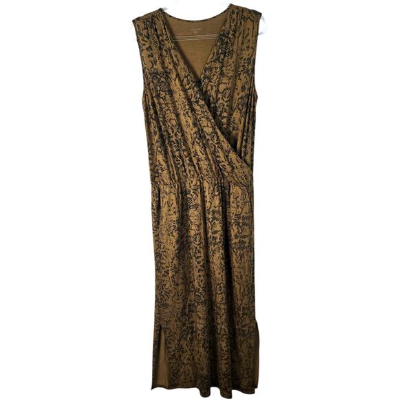 Garnet Hill Sleeveless Maxi Dress Large Brown Snake Print Surplice VNeck Pockets - Picture 2 of 14